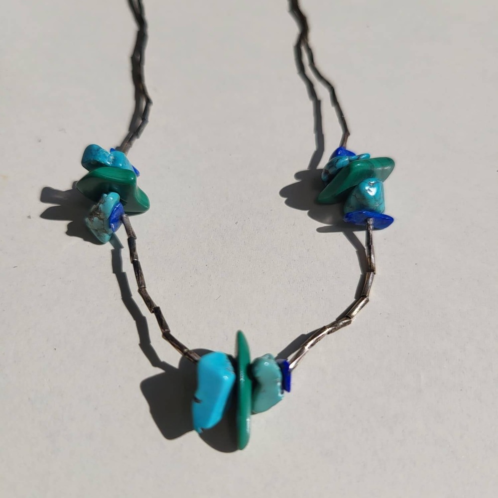 925 Sterling Silver Native Liquid Silver Turquoise Malachite Necklace